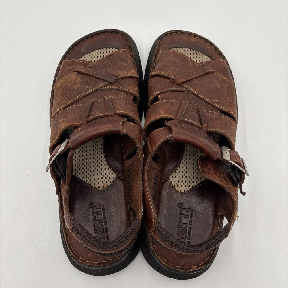 Born Murphy Fisherman Mens Size 12 Sandals Leather Woven Strappy Buckle Brown